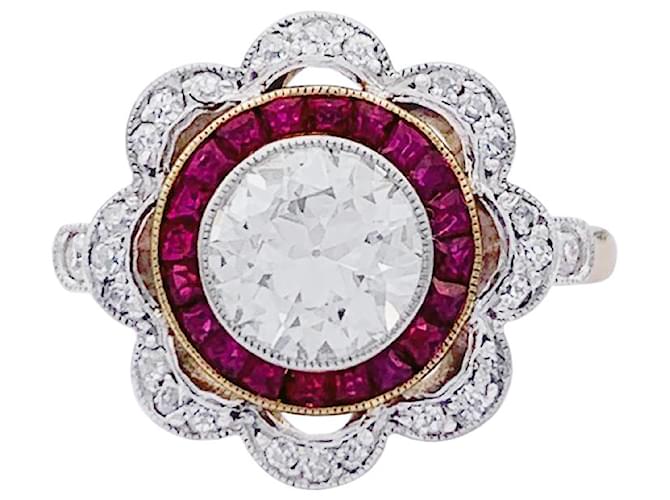 inconnue Old "flower" ring with calibrated diamonds and rubies. Yellow gold Platinum  ref.912364