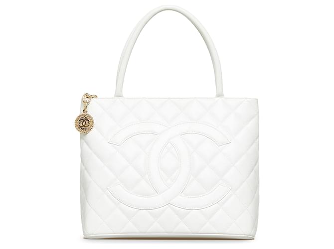 Chanel Medallion Quilted Caviar Leather Tote Bag White