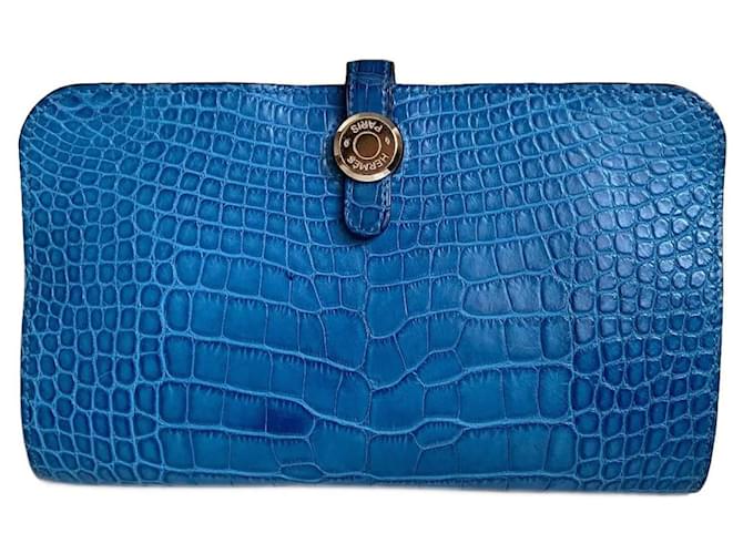 Hermès Monederos, carteras, casos Azul Cueros exoticos  ref.913515