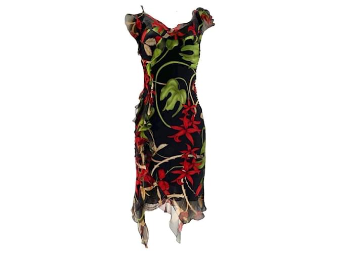 a/H 2002 Asymmetric silk dress Christian Dior by John Galliano Black Red Multiple colors Green  ref.914500