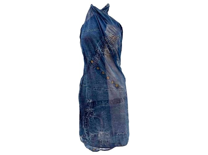 Vintage Christian Dior paréo / jupe / robe / sarong avec motif "trompe l'oeil" Galliano Polyamide Bleu Bleu Marine  ref.914504