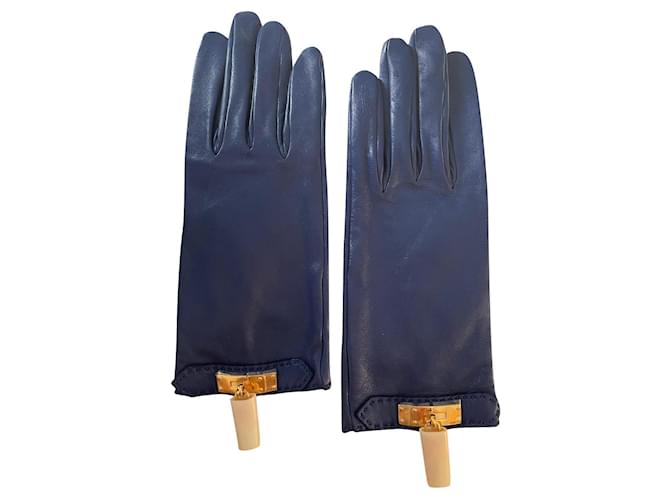 Hermès Handschuhe Marineblau Leder  ref.915588
