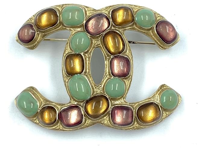Rare Chanel 2018 Multicolor Resin Glass Beads Gold Metal CC Brooch