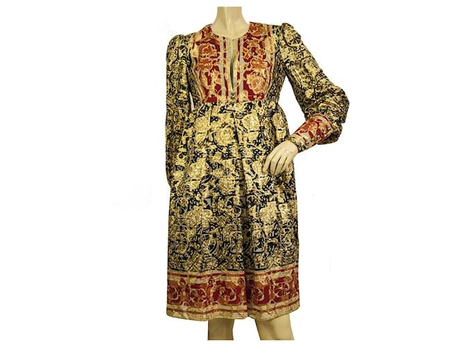 Anna Sui goldrotes Ethno-Blumendruck-Seidenkleid mit langen Ärmeln und Knielänge 2 Mehrfarben  ref.915867