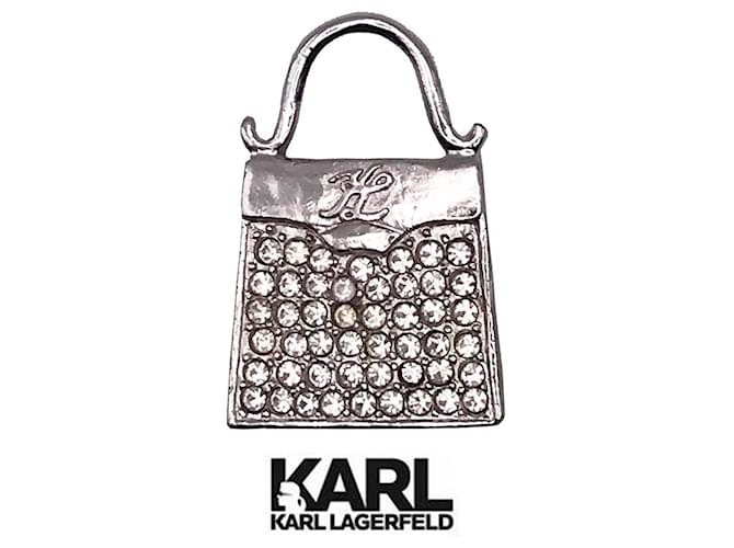 Karl Lagerfeld Vintage Silver Bag Brooch & Rhinestones Silvery Metal  ref.915895