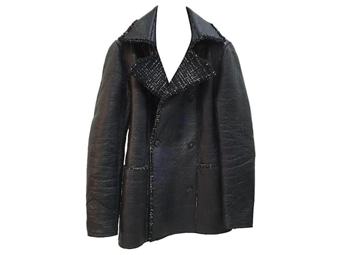 Chanel Black Leather linedbreasted Coat ref.915981 - Joli Closet