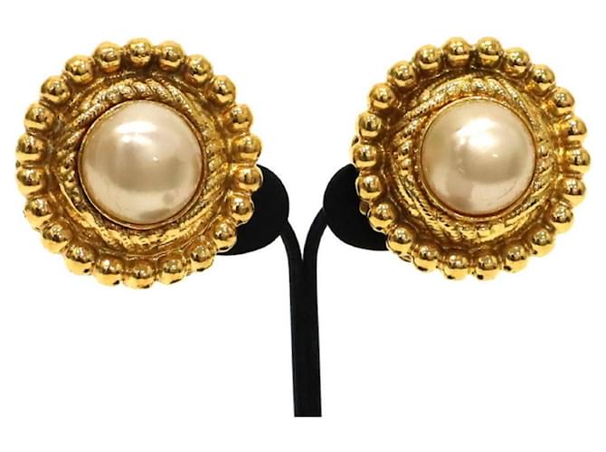Chanel Vintage Gold Metal and Pearl Cabochon Round Clip On