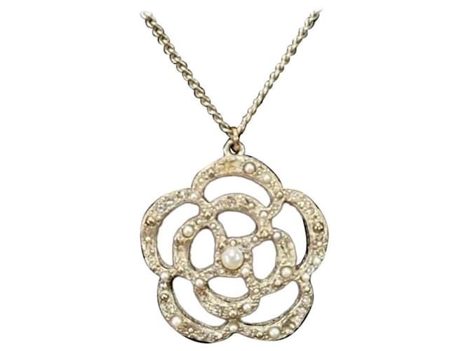 Necklaces Chanel Chanel Gold Metal and Faux Pearl Camellia Pendant Necklace