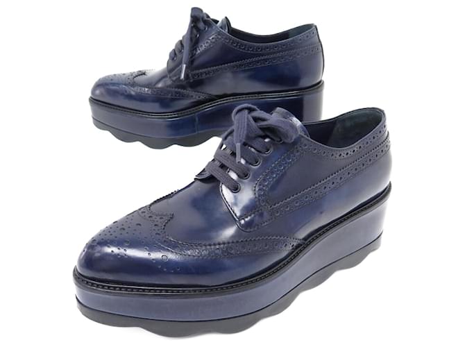 NEW PRADA DERBY PLATFORM SHOES IN PATINA LEATHER 38.5 IT 39.5 FR SHOES Blue  ref.916139