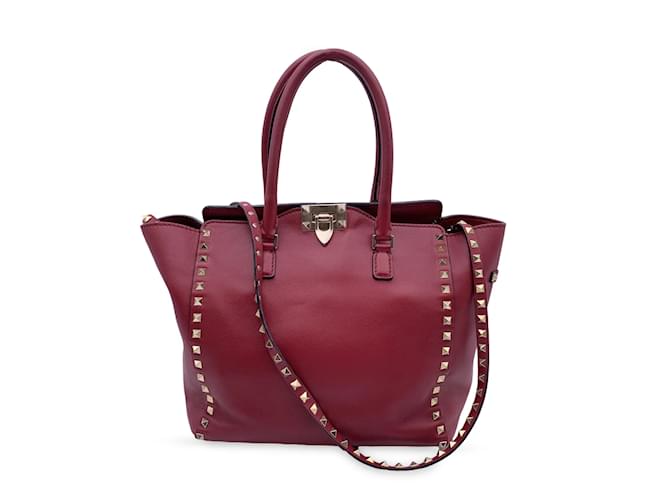 Valentino Red Calfskin Leather Rockstud Double Handle Tote Bag