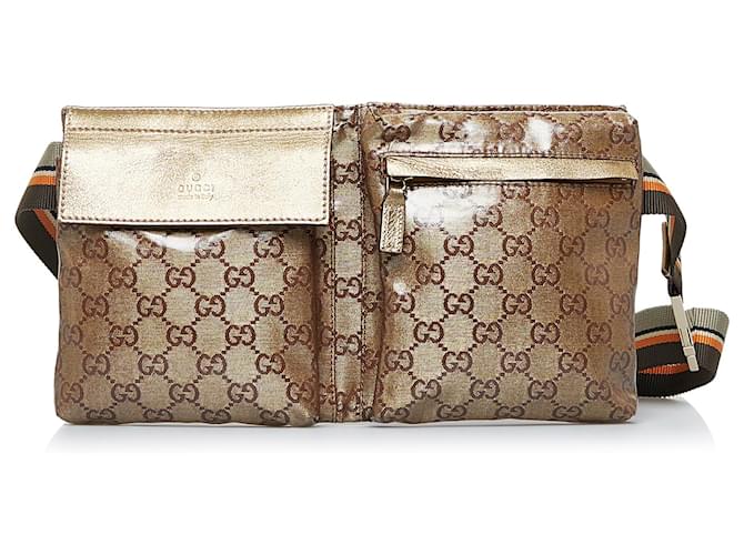 Gucci Brown GG Canvas Web Double Pocket Belt Bag Golden Leather Cloth Pony-style calfskin Cloth  ref.916565