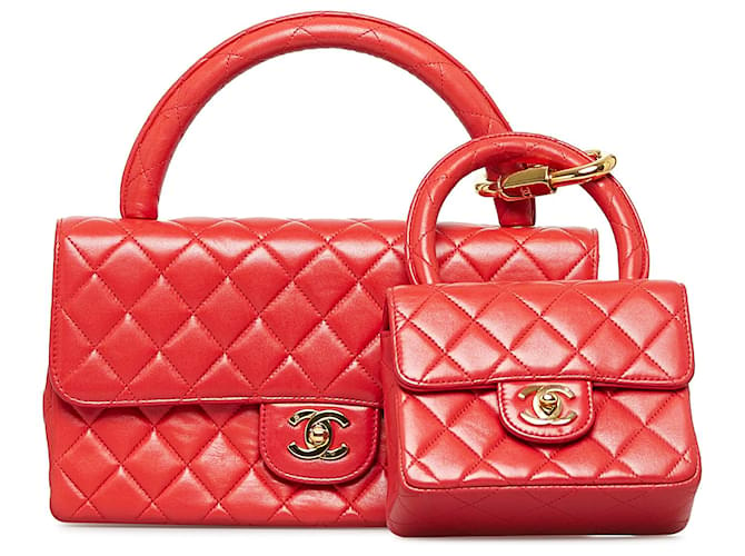 Chanel Red Classic Lambskin Flap Bag Set Leather ref.916568 - Joli Closet