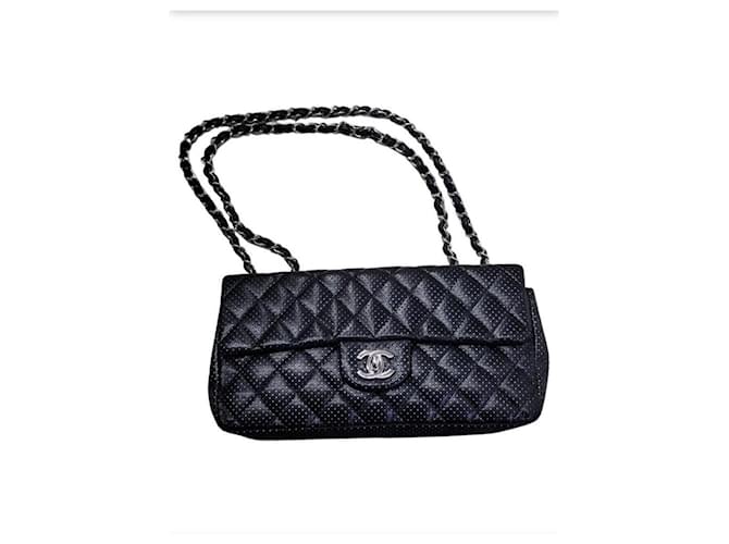 Chanel Quilted Perforated Black Lambskin East West Flap Shoulder