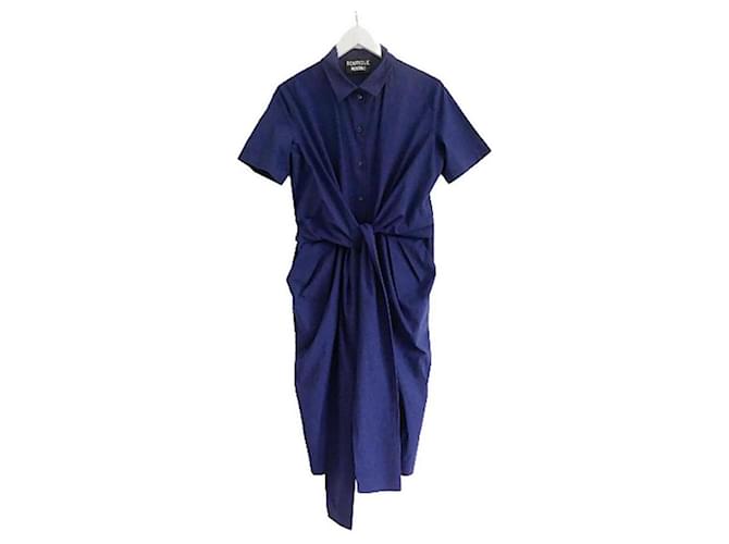 Boutique Moschino Vestido azul marinho com amarração na cintura Algodão  ref.916837