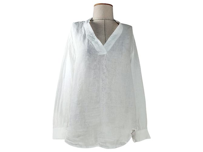Camicetta 120% LINO in lino bianca con scollo a V e maniche lunghe Bianco