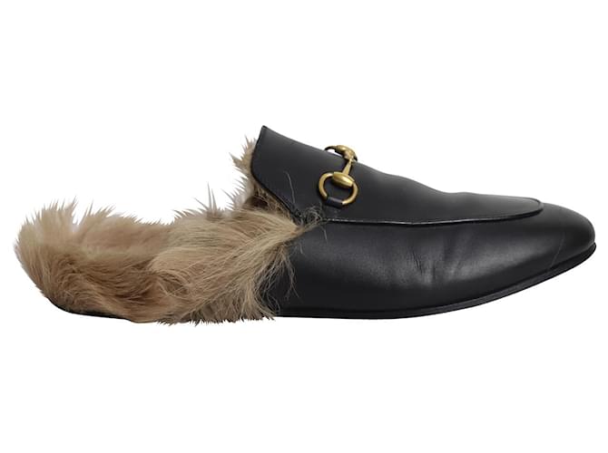 Gucci Princetown Mules mit Fell aus schwarzem Leder  ref.917556