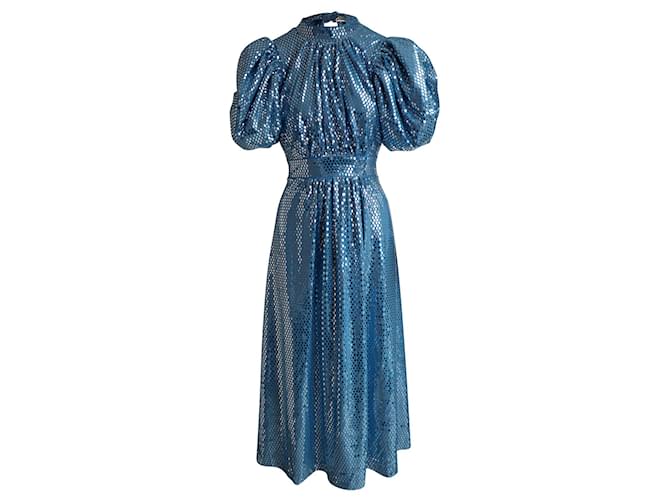 Autre Marque Rotate Puffed Sleeve Midi Noon Dress in Metallic Blue Polyester  ref.917561