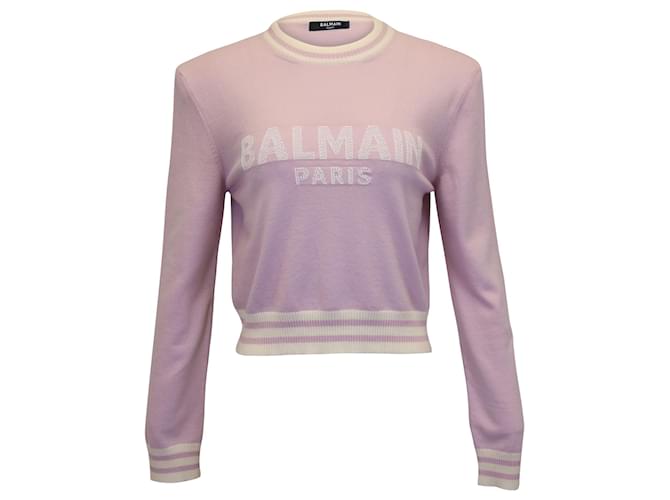 Suéter cropped com logo Balmain em lã lavanda  ref.917566