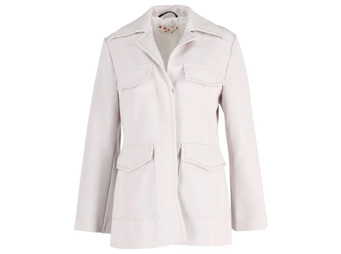 Marni Spread Collar Flap Pocket Jacket in Off White Wool Polyester Blend Cream