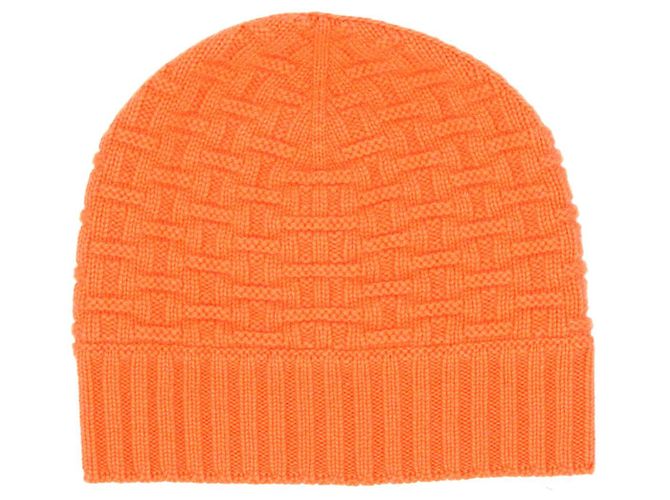 Hermès Strickmütze mit H-Logo aus orangefarbenem Kaschmir