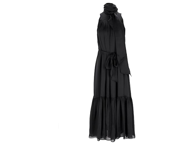Vestido largo lavado con cinturón y lazo en el cuello en seda negra Super Eight de Zimmermann Negro  ref.917579