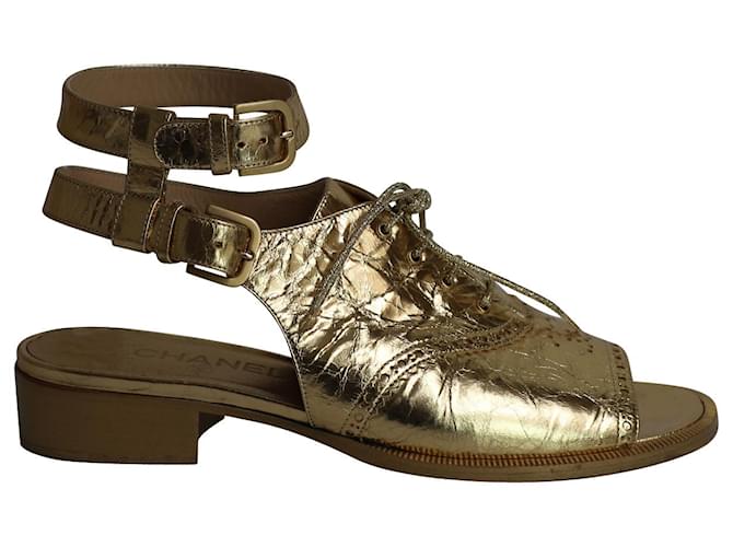 Chanel Metallic Brogue Style Open Toe Sandals in Gold Calfskin Leather Golden Pony-style calfskin  ref.917591