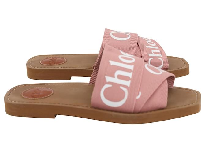Chloé Chloe Logo Straps Woody Flats in tela rosa  ref.917596