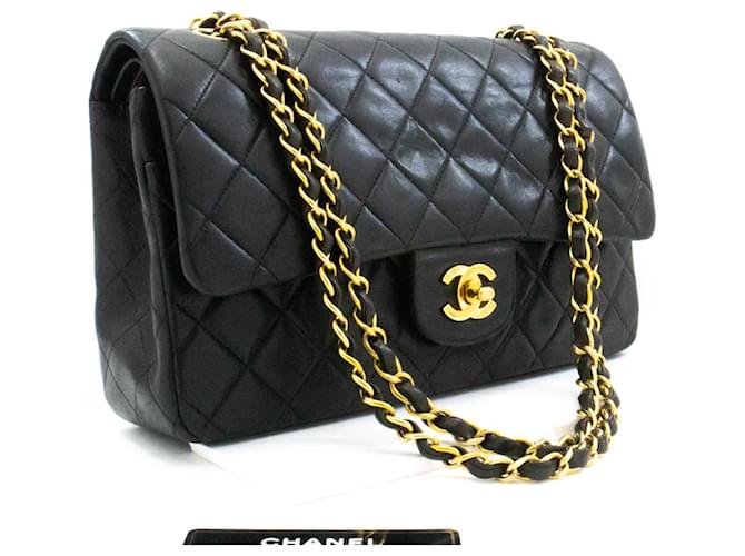 CHANEL Classic Double Flap 10" Chain Shoulder Bag Black Lambskin Leather  ref.917728