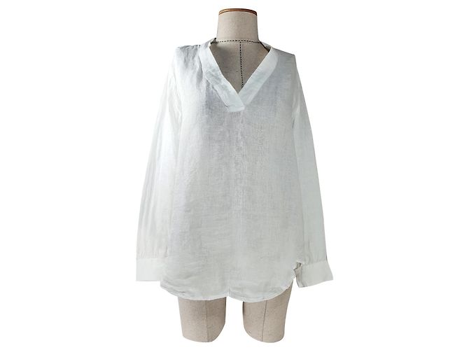 Camicetta 120% LINO in lino bianca con scollo a V e maniche lunghe Bianco
