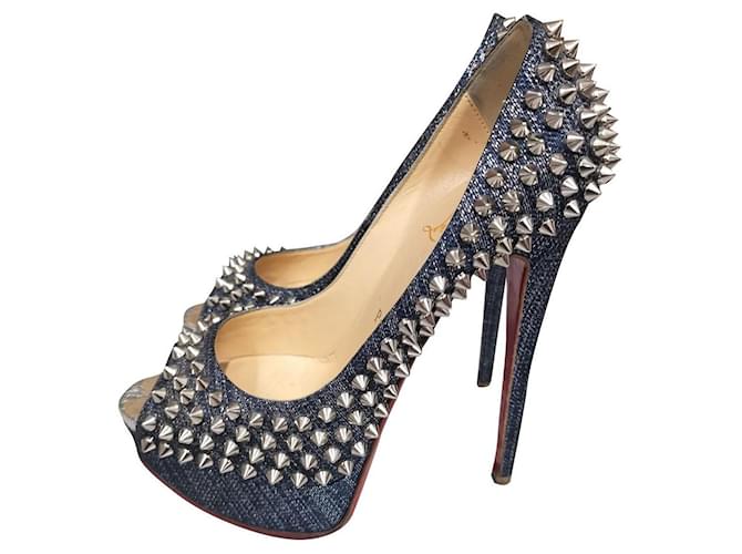 Christian Louboutin Spiked Lady Peep platform heels sz 36.5 Blue Metal Cloth  ref.919538