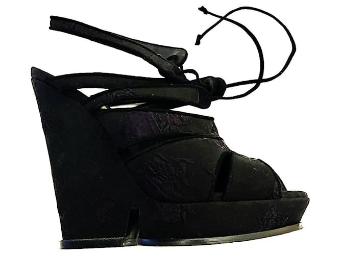 Yves Saint Laurent YSL Tribute wedge heels from silk brocade Black Purple Leather  ref.920058