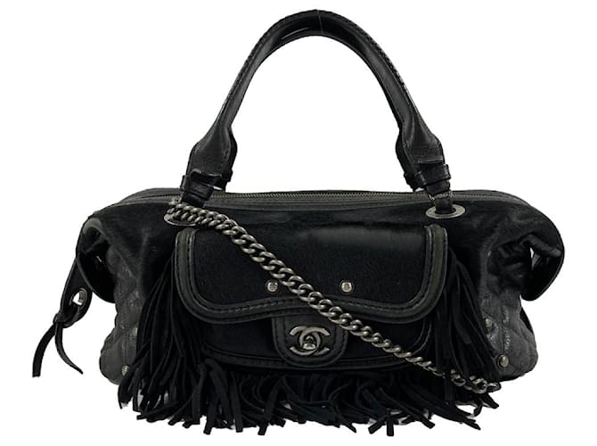 CHANEL- Paris Dallas Large Calfskin PonyHair Fringe Bowling - Shoulder bag Black Leather  ref.920325