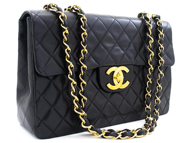 CHANEL Classic Large 13" Flap Chain Shoulder Bag Black Lambskin Leather  ref.920375