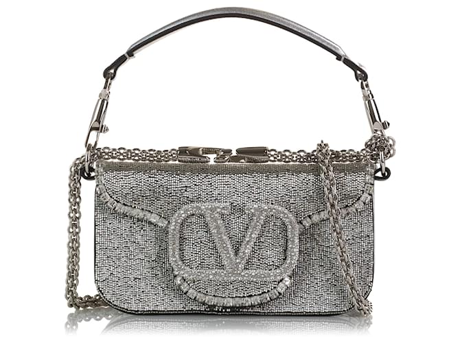 Valentino Silver Small Crystal Embellished Loco VLogo Satchel Silvery  Leather ref.920456 - Joli Closet