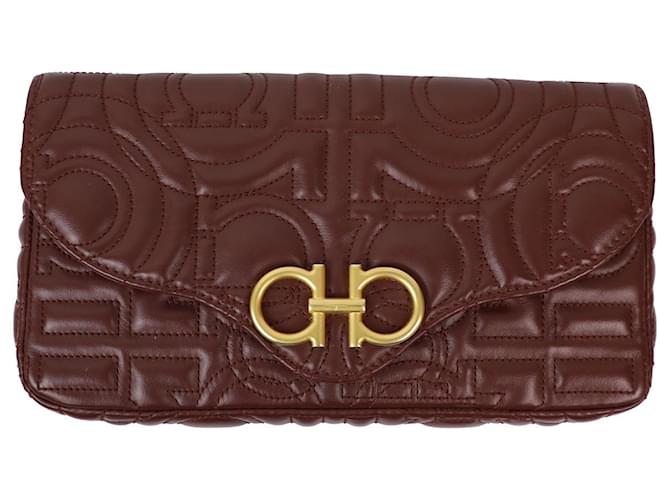 Salvatore Ferragamo Quilted Gancini Wallet-On-Chain Bag in Burgundy Leather Dark red  ref.920489