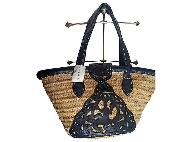 Bolsa tote Agnès b. de ráfia e couro preto Bege