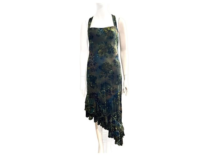 Joseph Ribkoff Vestido de noite assimétrico de veludo e renda Verde Verde oliva Verde claro Verde escuro