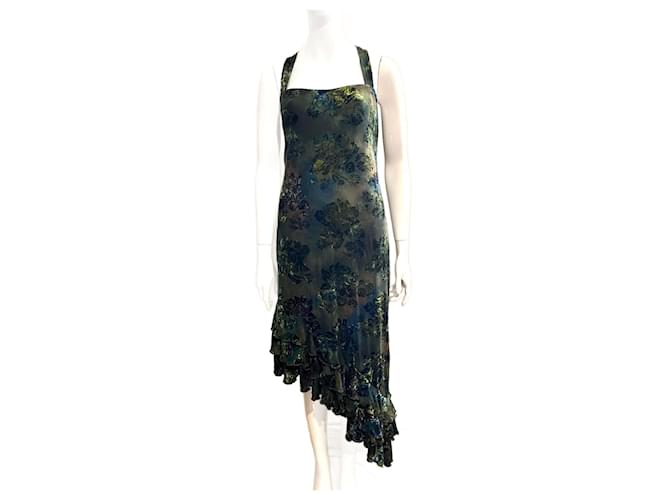 Joseph Ribkoff Asymmetrisches Abendkleid aus Samt und Spitze Grün Olivgrün Hellgrün Dunkelgrün  ref.920553