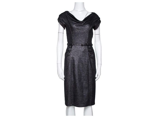 Diane Von Furstenberg DvF Ellen Marie Vintage-Glitzerkleid mit Gürtel Schwarz Silber