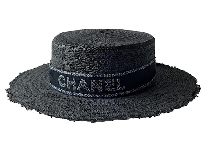 Chanel Chapéus Preto Palha  ref.920638