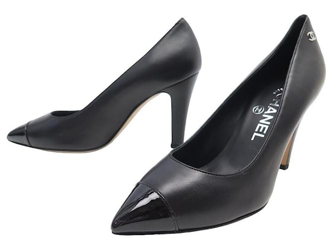 new CHANEL black suede silver toe cap CC logo mid block heel slingback pump  EU39 at 1stDibs