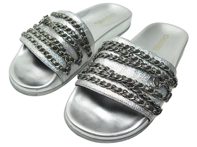 CHANEL TROPICONIC G SHOES33372 Sandals 40 SILVER LEATHER MULES SHOES Silvery  ref.920801