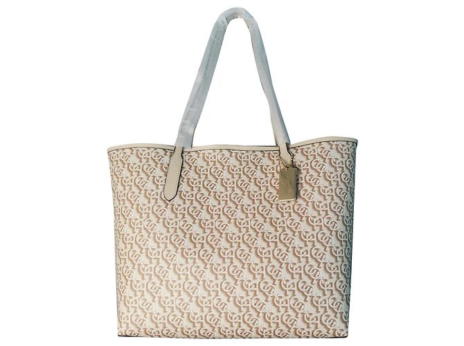 Bolsa Shopper Coach em Lona Estampada e Couro Bege e Marrom Gold hardware