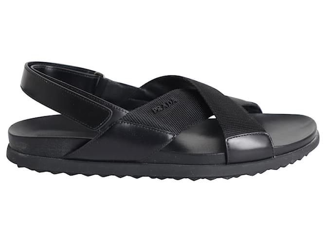 Prada Logo Strap Crisscross Sandals in Black Leather  ref.922215