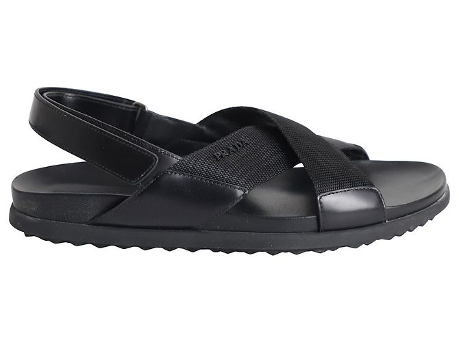 Prada Logo Strap Crisscross Sandals in Black Leather