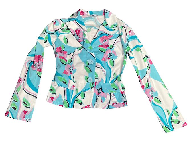 Autre Marque Dixie Blumenmuster Taillierte Jacke Weiß Rosa Blau Pink Grün