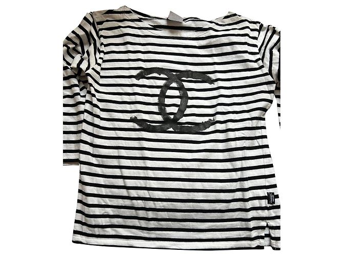Chanel Tops Blanco Azul marino Algodón