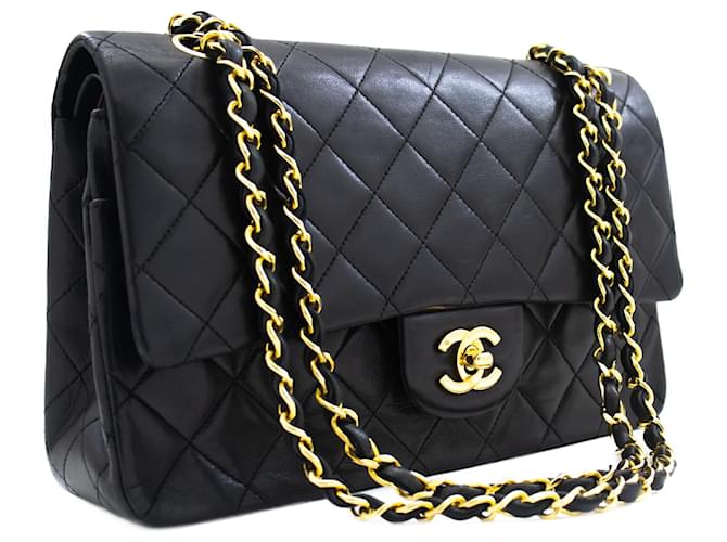 CHANEL Classic Double Flap 10" Chain Shoulder Bag Black Lambskin Leather  ref.923397