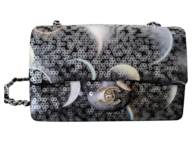 Pre-owned Chanel Small Classic Flap Bag Black and Silver Sequins Silver  Hardware