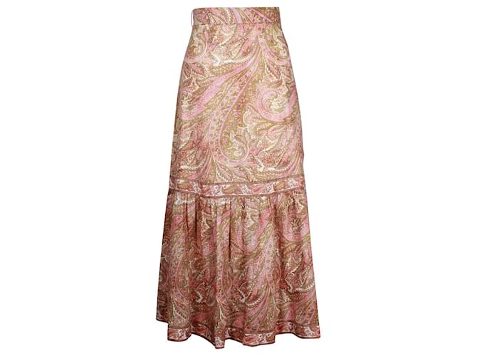 Zimmermann Brighton Frill Hem Midi Skirt  in Beige Print Linen  ref.925803